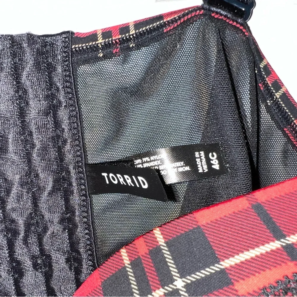 TORRID NWOT Red Black Plaid Bra 46C Push Up Plunge XO Back - Picture 3 of 5